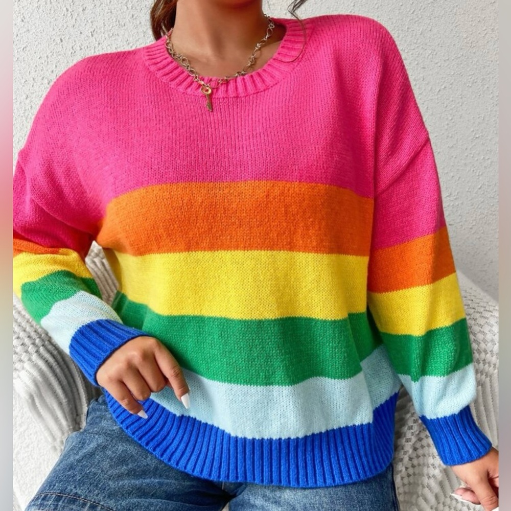 NEW 3 XL SHEIN Qutie Plus Rainbow Stripe Drop Shoulder Sweater